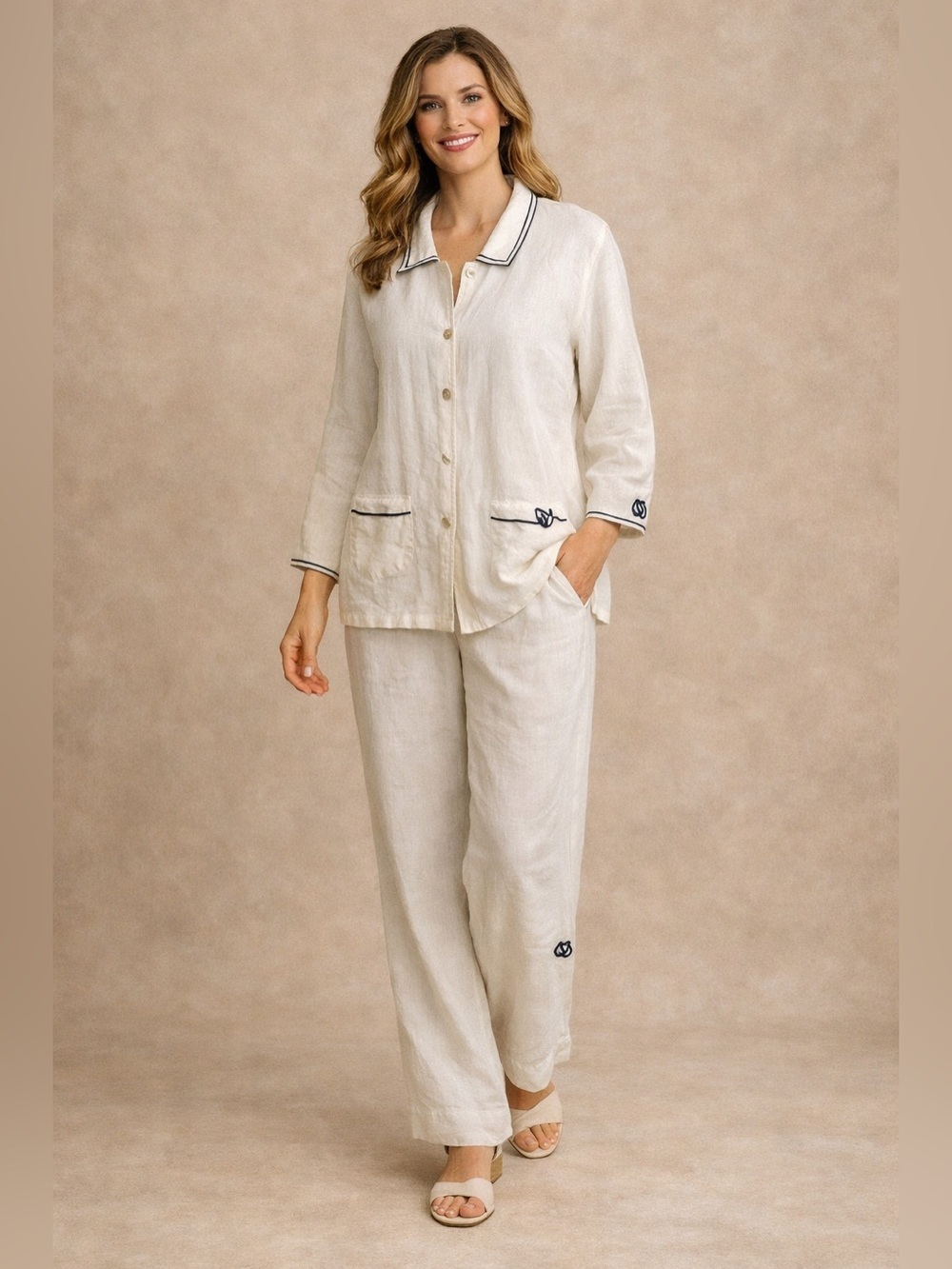 Vintage 90s DONNA USA Linen 2-Piece Pants Suit L Off White MOP Buttons USA Made